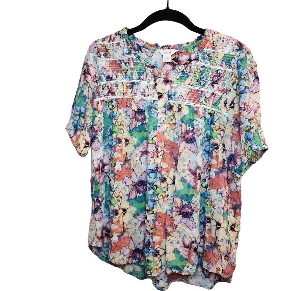 Intro Smocked Floral Rayon Short Sleeve Vibrant Top Size Small